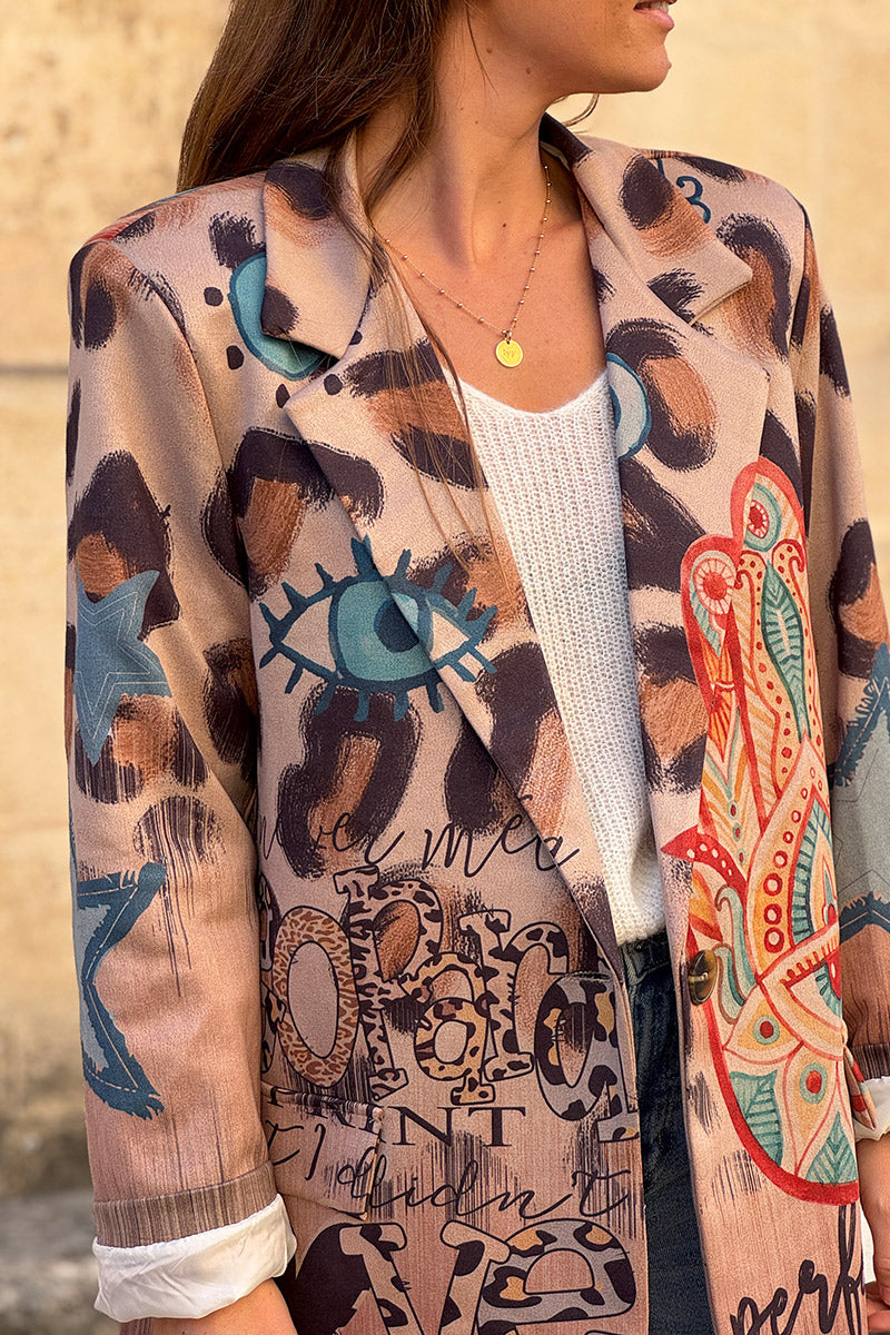 Veste blazer en suédine souple imprimé léopard et œil