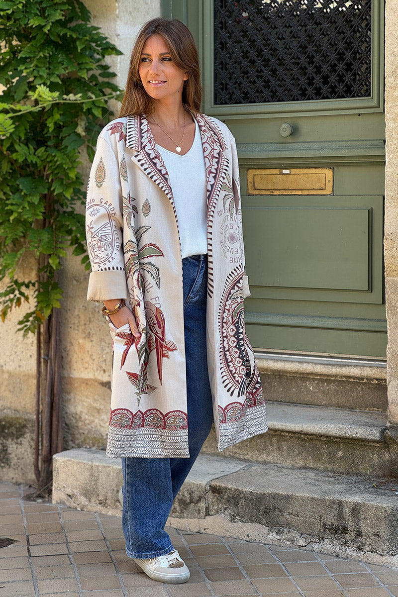 Veste blazer long en suédine beige motifs palmiers perroquets et message