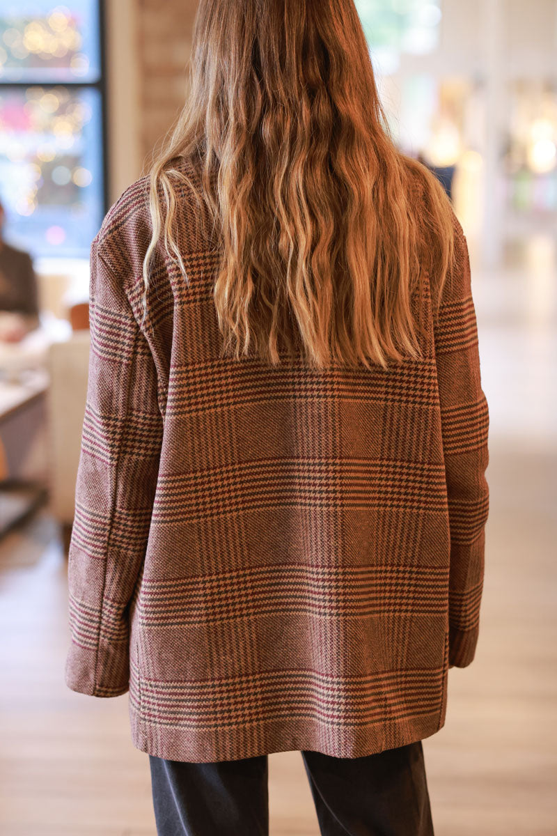 Brown Herringbone Plaid Classic Coat