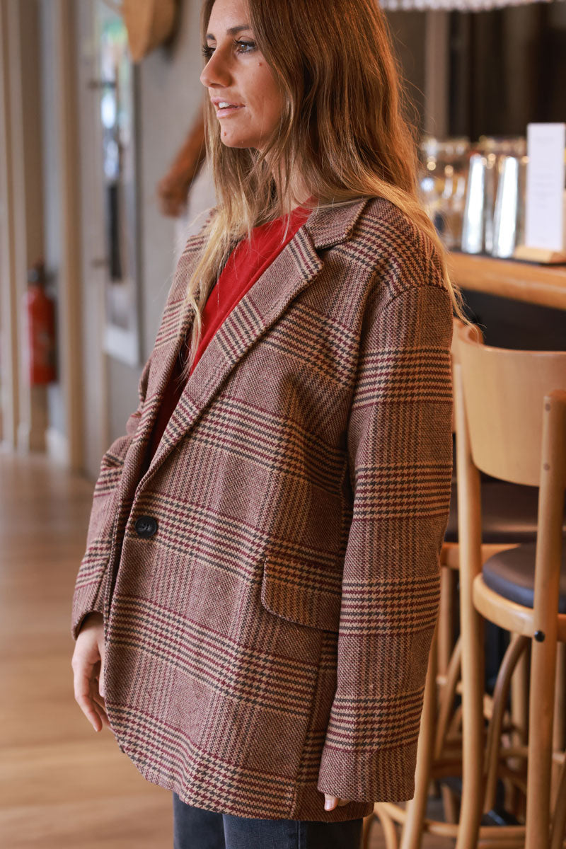 Brown Herringbone Plaid Classic Coat