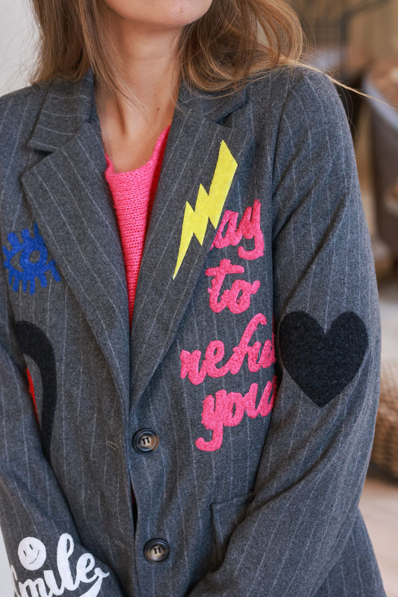 Gray Pinstripe Graffiti Blazer