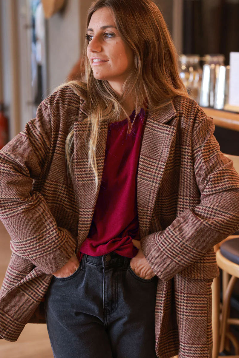 Brown Herringbone Plaid Classic Coat