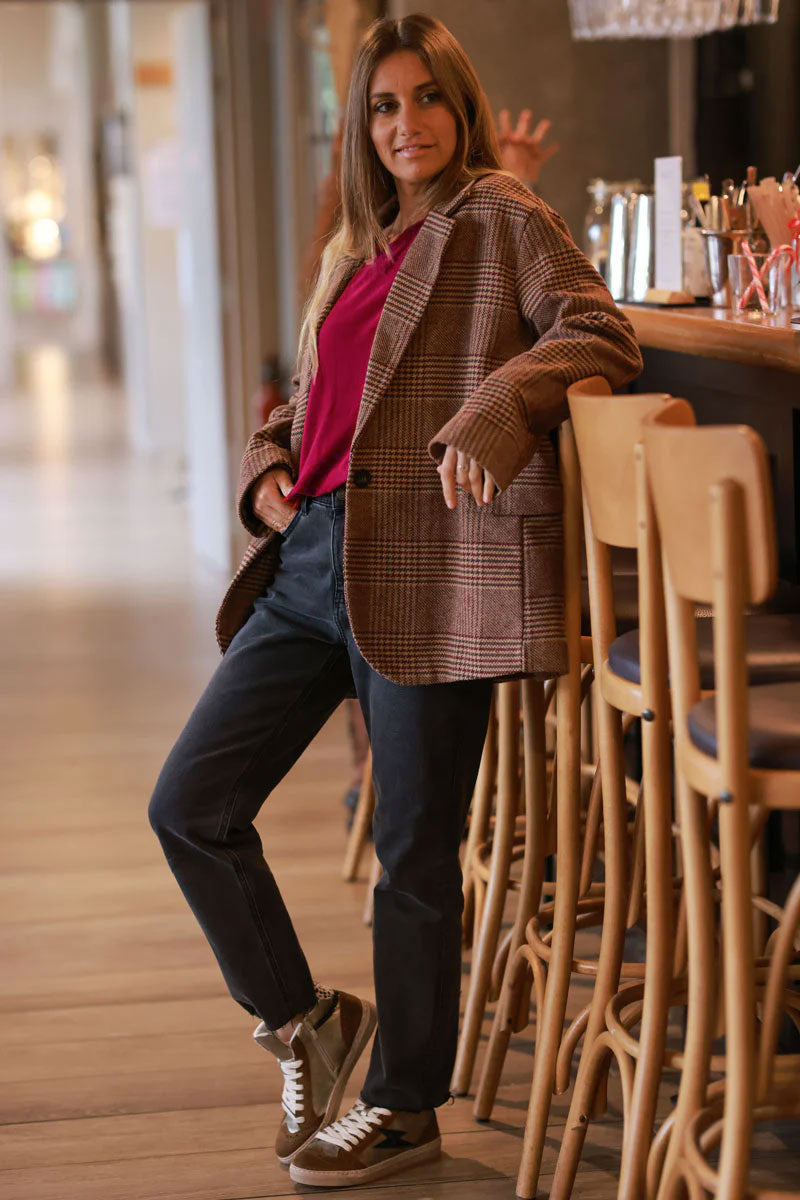 Brown Herringbone Plaid Classic Coat