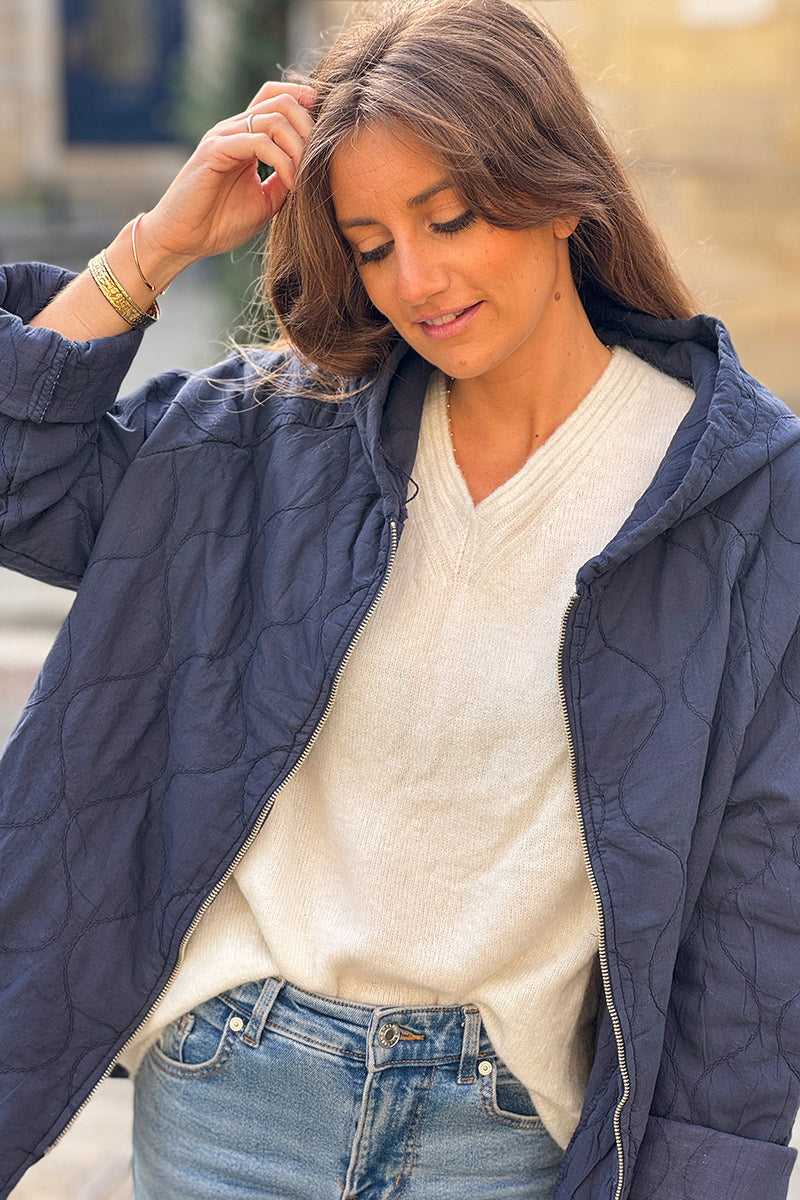 Navy Blue Quilted Cotton Zip-Up Hoodie