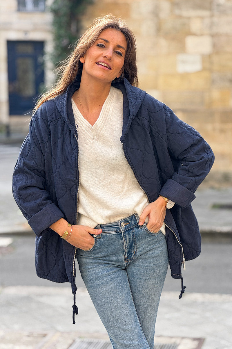 Navy Blue Quilted Cotton Zip-Up Hoodie