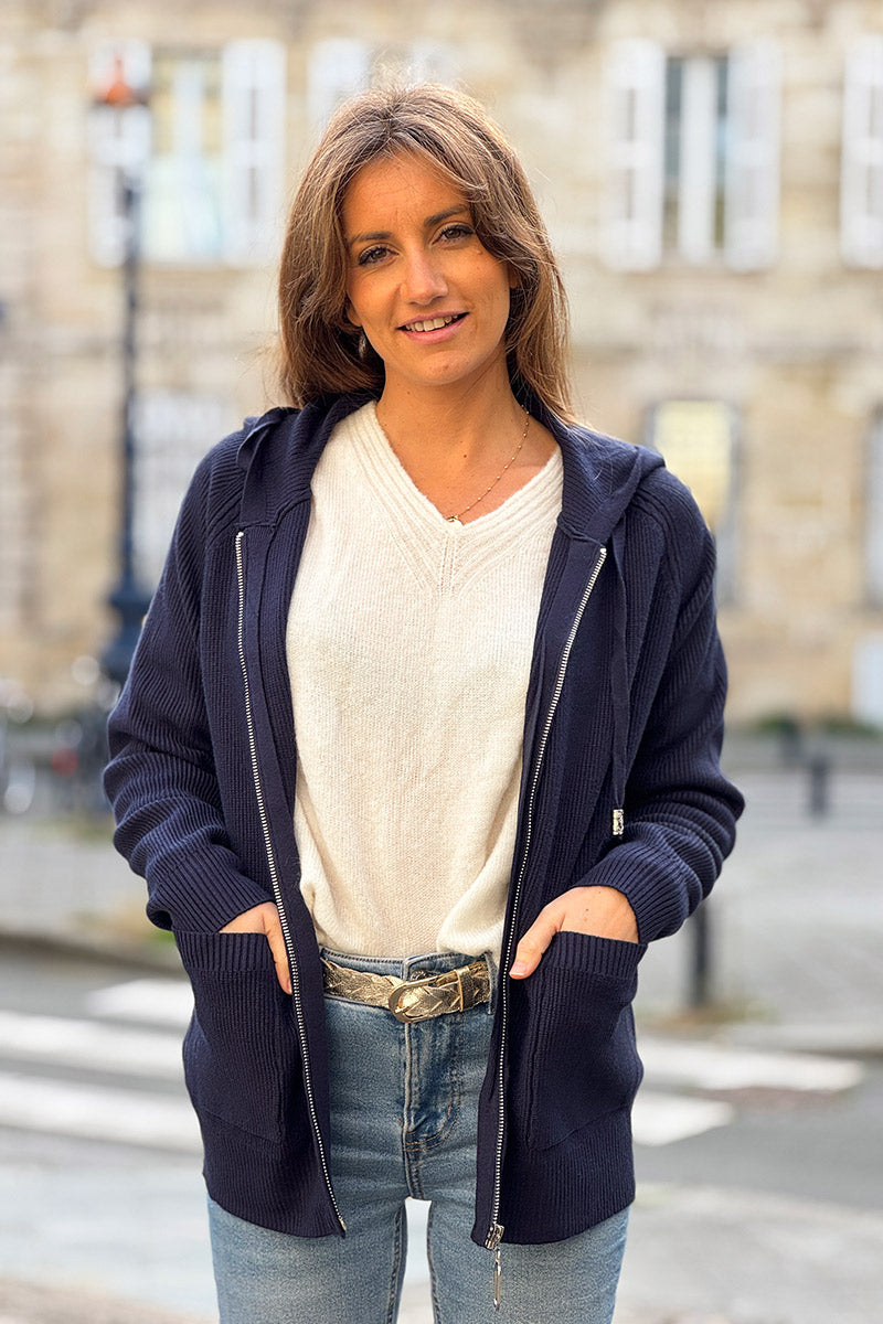 Navy Blue Sweater Knit Zip-Up Hoodie