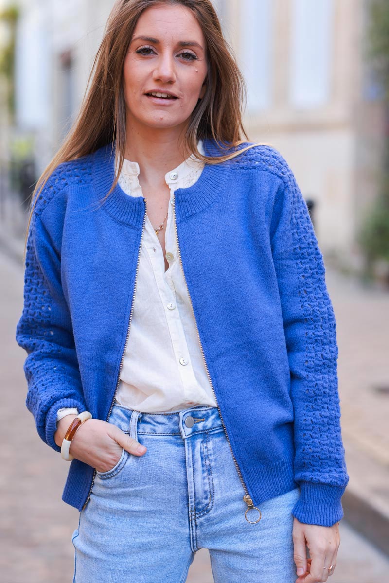 Royal blue Crochet Sleeve Zip-Front Cardigan