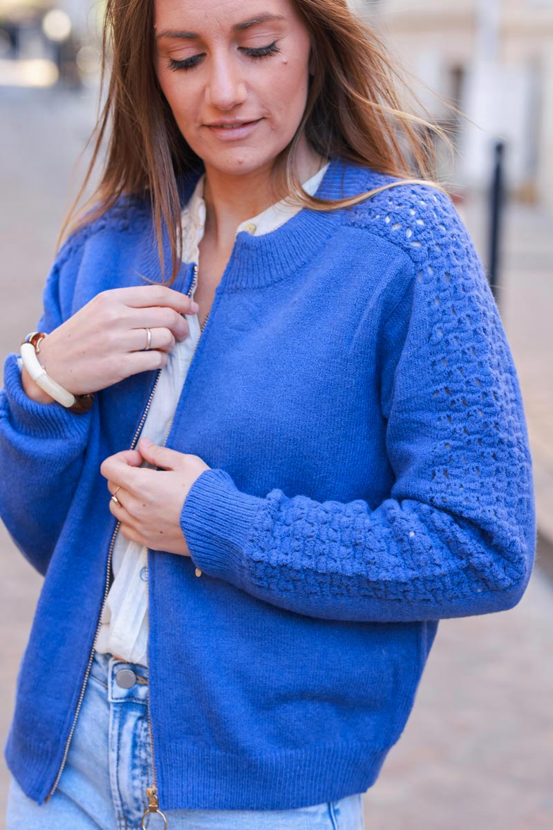 Royal blue Crochet Sleeve Zip-Front Cardigan