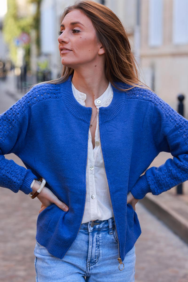 Royal blue Crochet Sleeve Zip-Front Cardigan