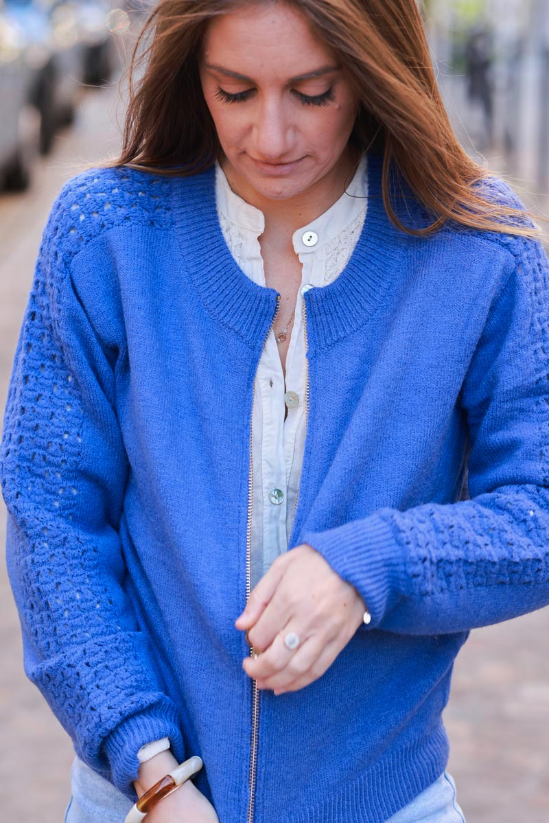 Royal blue Crochet Sleeve Zip-Front Cardigan