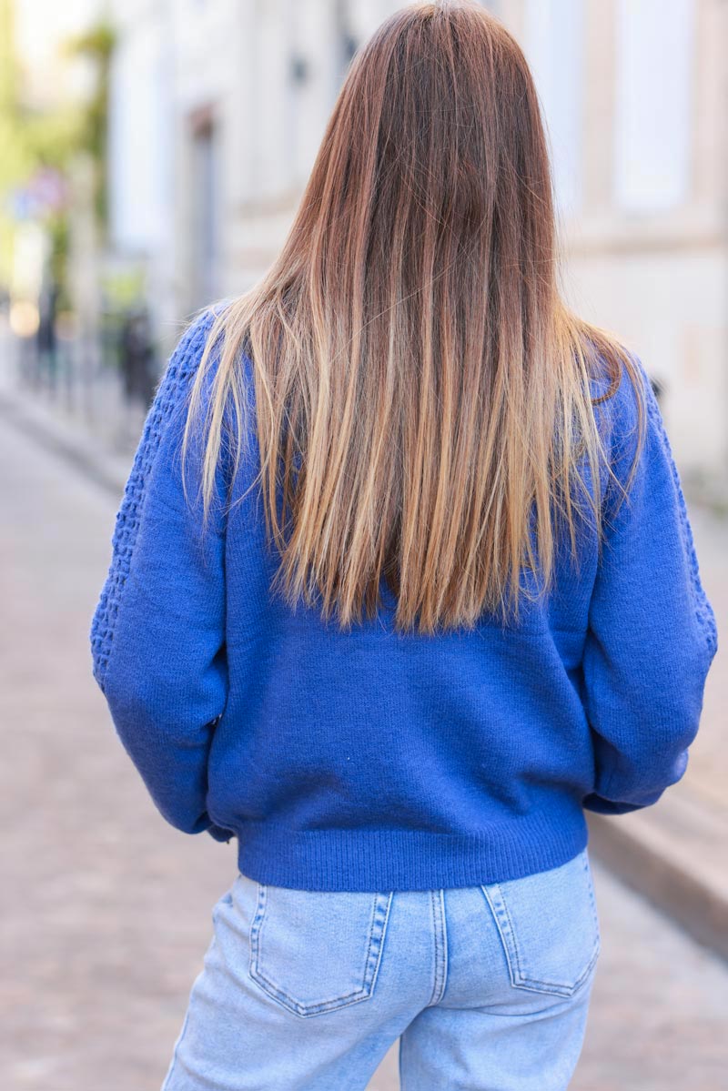 Royal blue Crochet Sleeve Zip-Front Cardigan