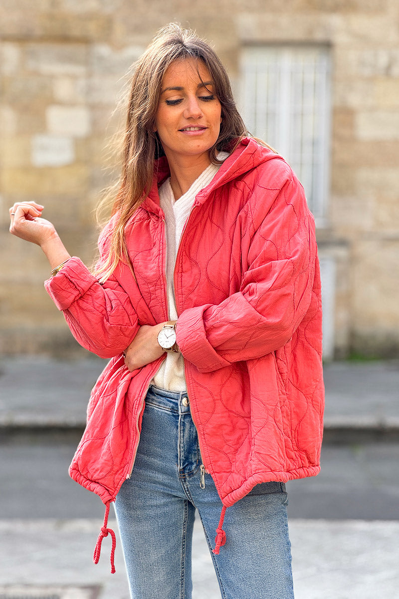 Pink Quilted Cotton Zip-Up Hoodie