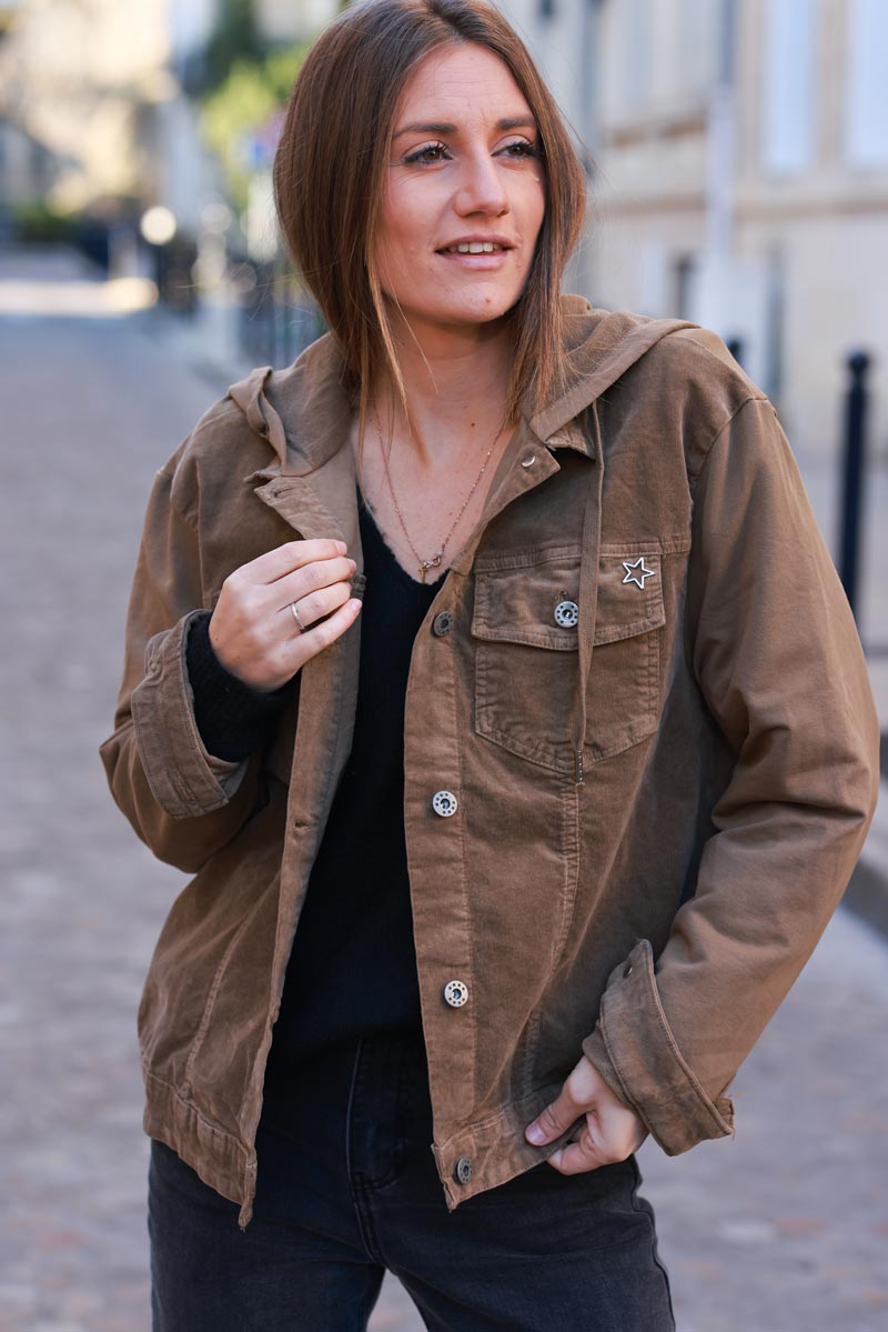 Brown Corduroy Hooded Jean Jacket