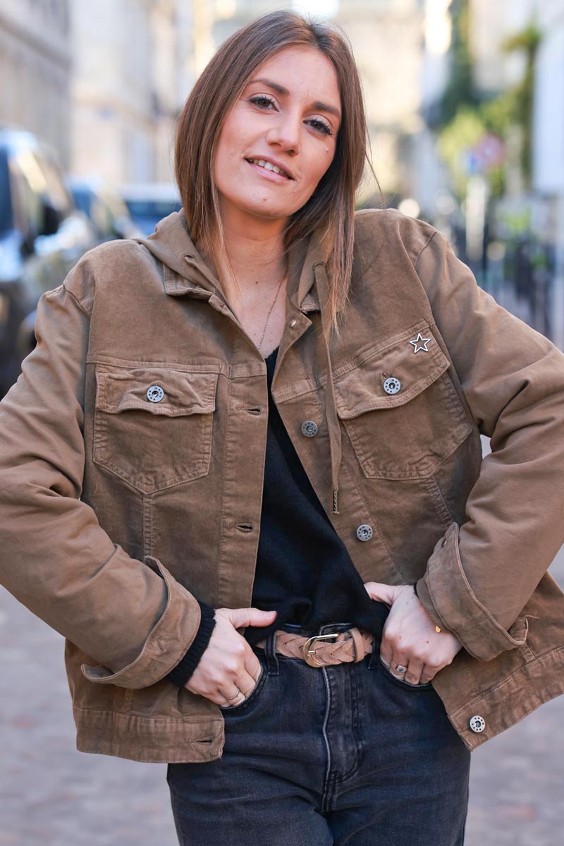 Brown Corduroy Hooded Jean Jacket