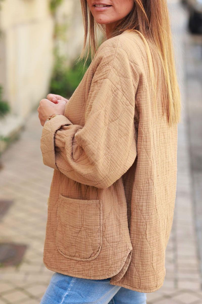 Camel quilted cotton gauze jacket