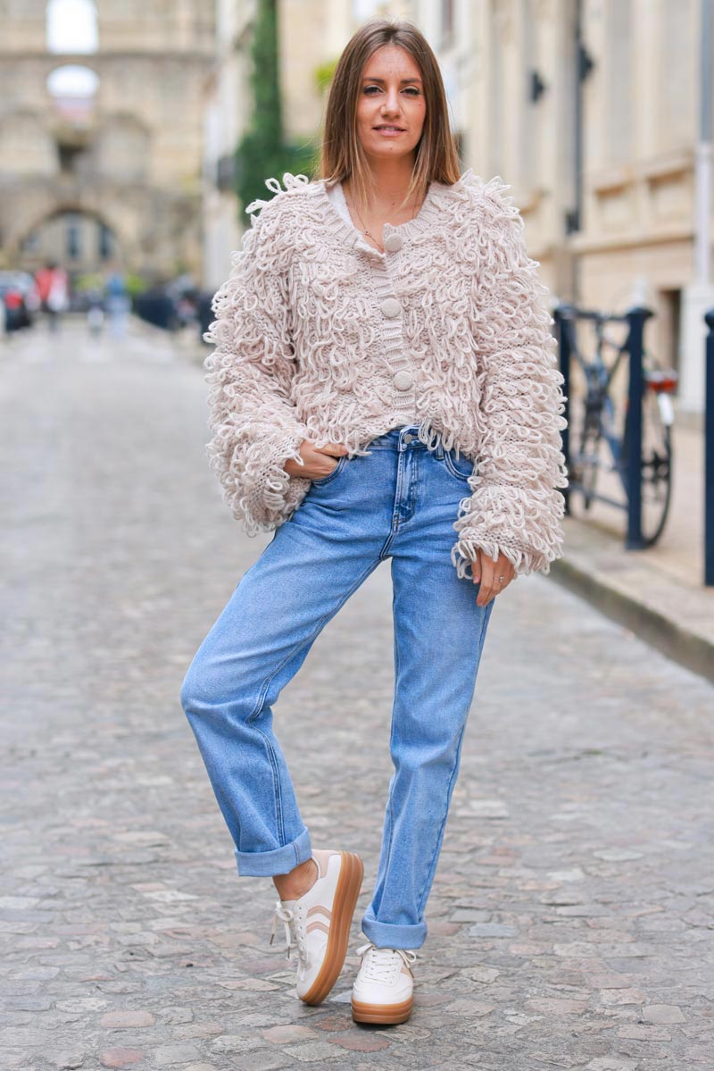 Veste chaude beige en grosse maille point mousse franges boucles style seventies