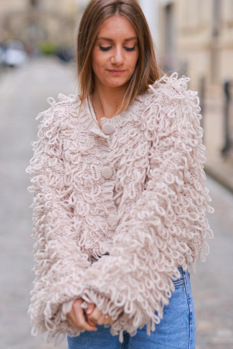 Veste chaude beige en grosse maille point mousse franges boucles style seventies