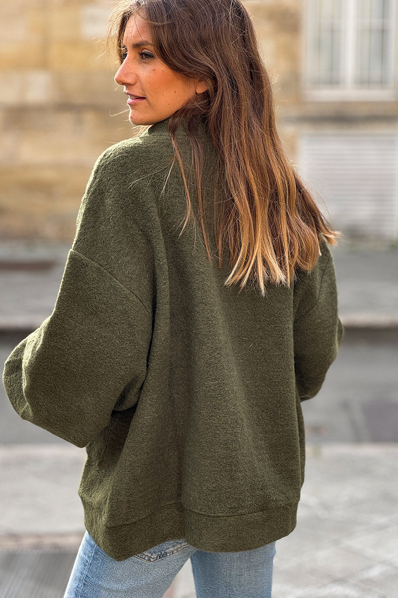 Veste chaude kaki style bomber en laine avec zip et poches