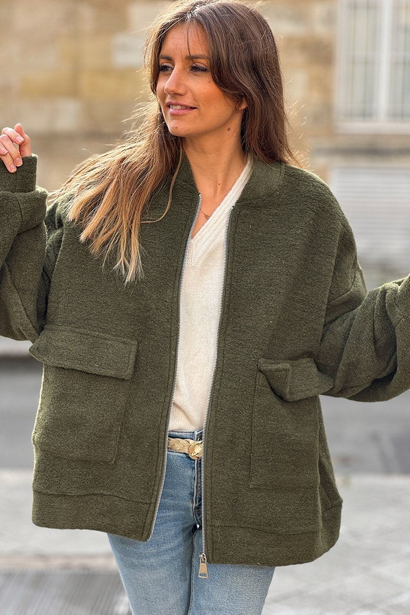 Veste chaude kaki style bomber en laine avec zip et poches