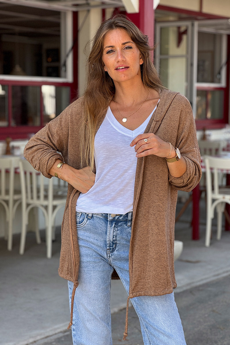 Camel Knit Hooded Cardigan