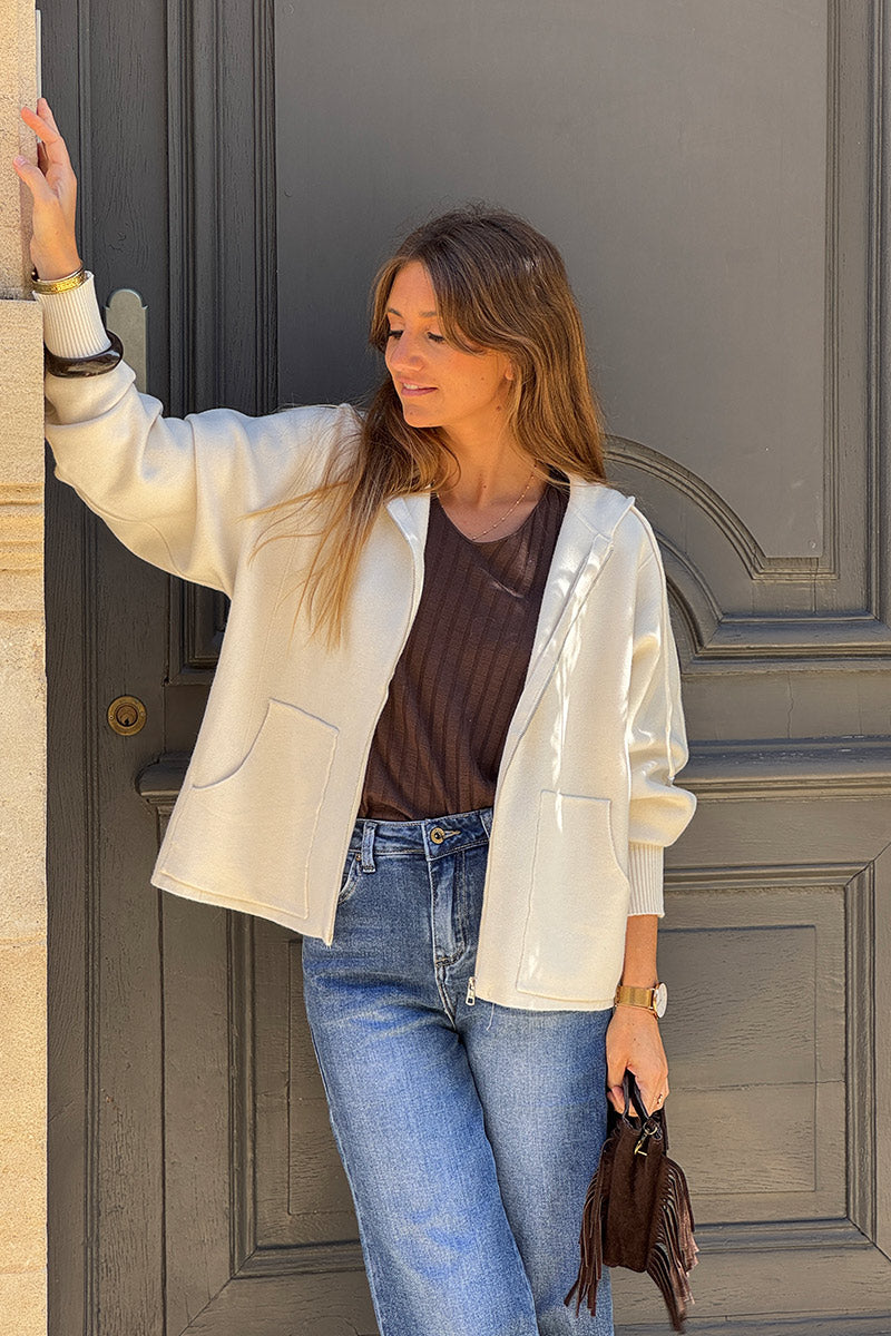 Cream Casual Sweater Zip-Up Hoodie