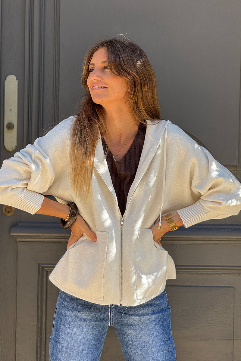 Cream Casual Sweater Zip-Up Hoodie
