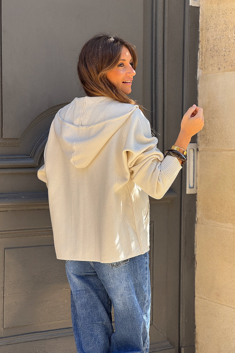 Cream Casual Sweater Zip-Up Hoodie