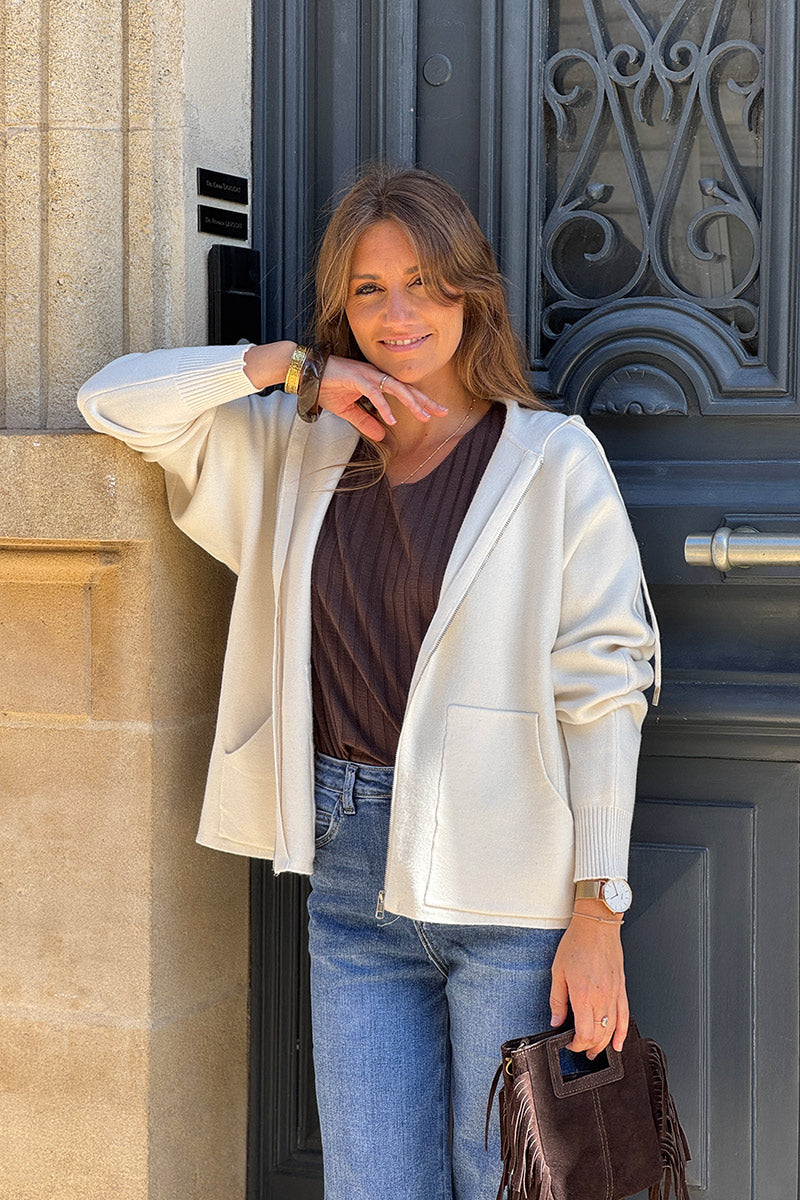 Cream Casual Sweater Zip-Up Hoodie