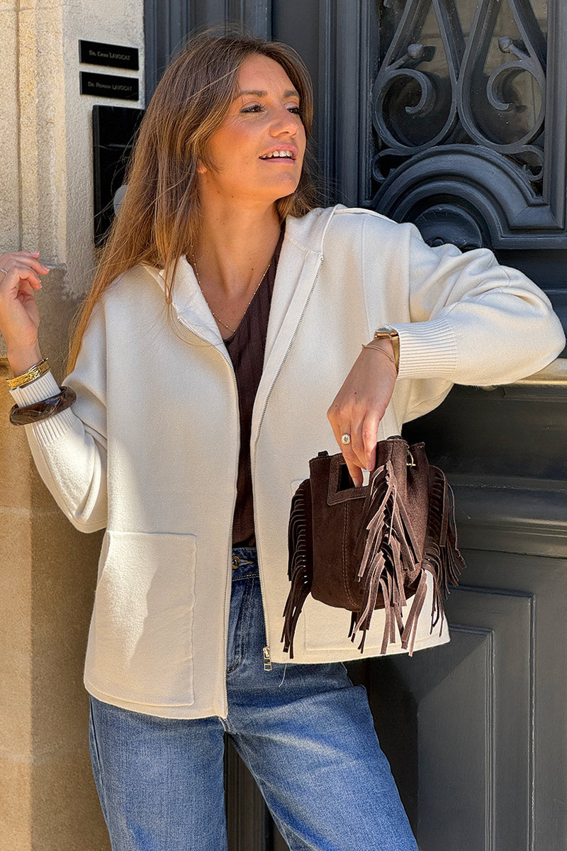 Cream Casual Sweater Zip-Up Hoodie