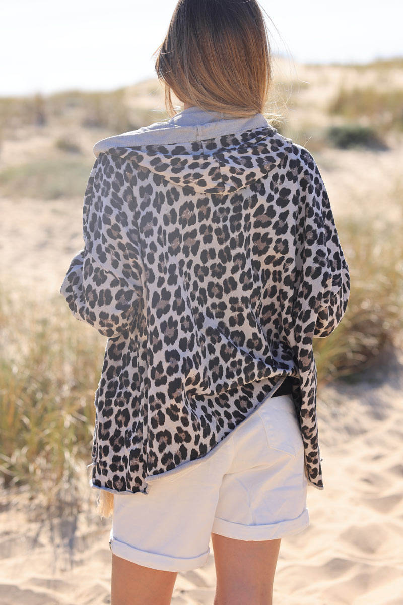 Chaqueta de algodón con capucha en tejido jogging con estampado de leopardo y cremallera
