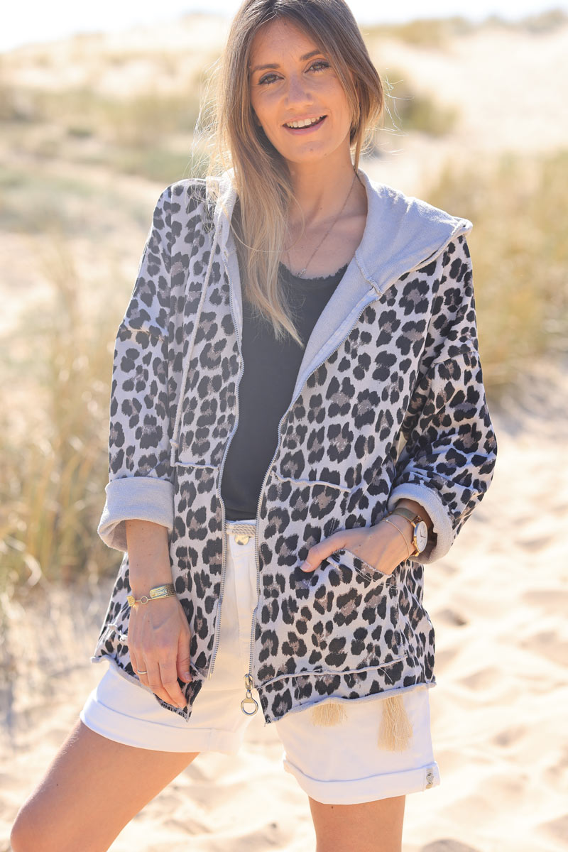 Leopard print cotton hooded jacket with jogging material and zip
