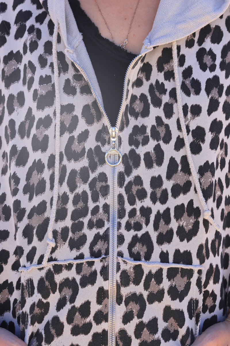 Leopard print cotton hooded jacket with jogging material and zip
