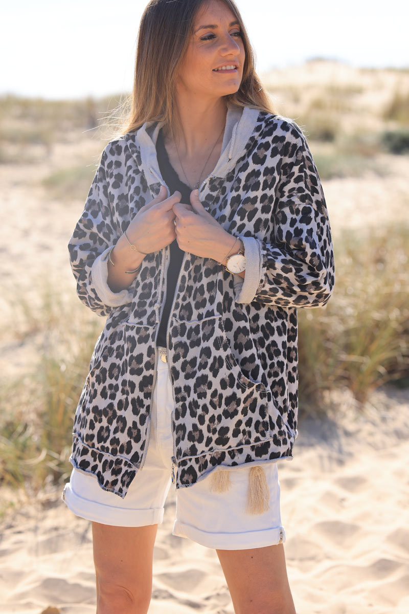 Chaqueta de algodón con capucha en tejido jogging con estampado de leopardo y cremallera