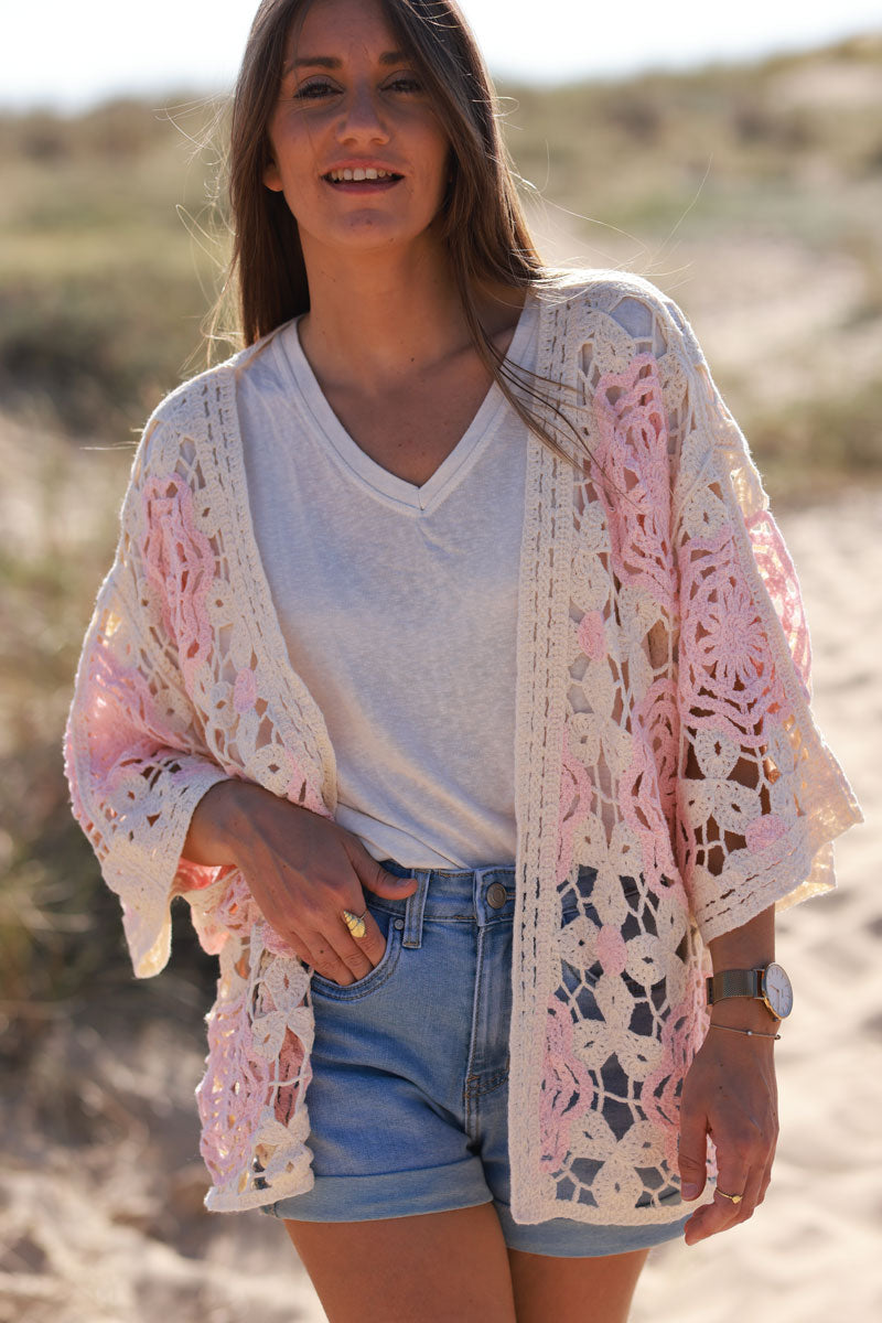 Light Pink Doily Square Crochet Lace Cardigan