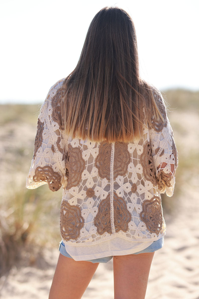 Light Brown Doily Square Crochet Lace Cardigan