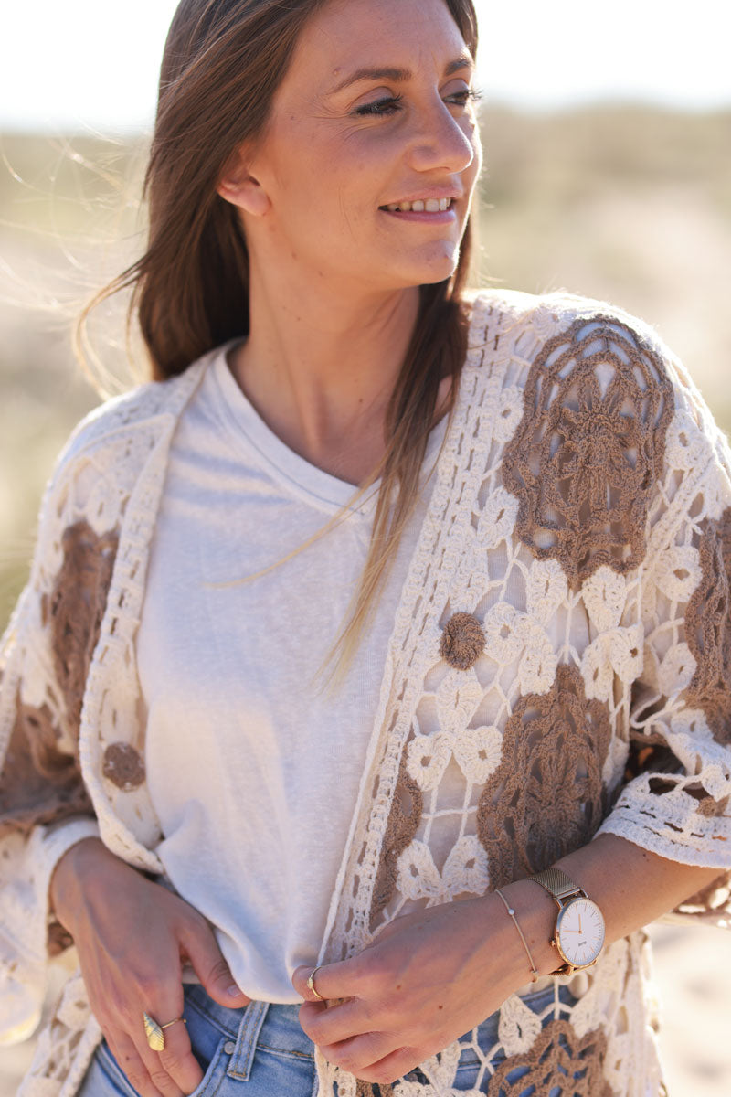 Light Brown Doily Square Crochet Lace Cardigan
