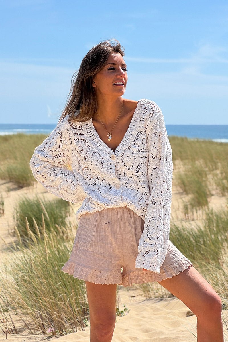 Veste en crochet maille chenille toute douce ajourée blanc cassé