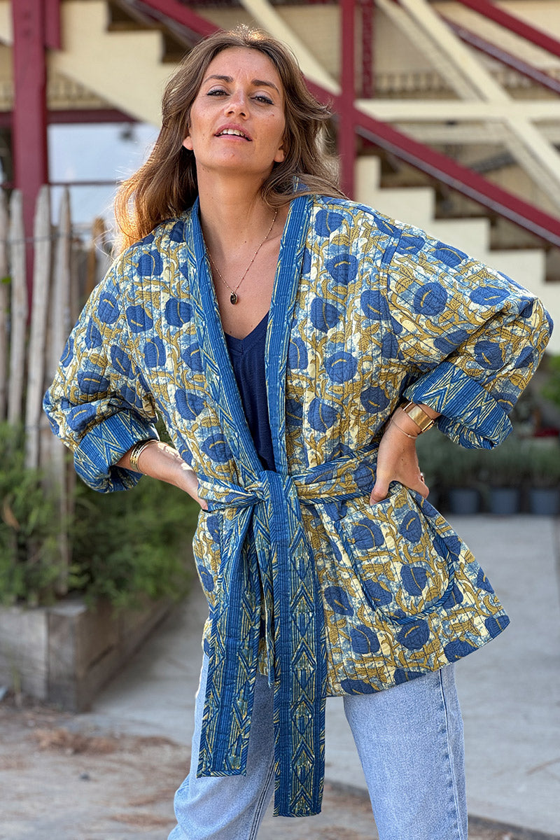 Blue Floral Quilted Kimono Jacket 
