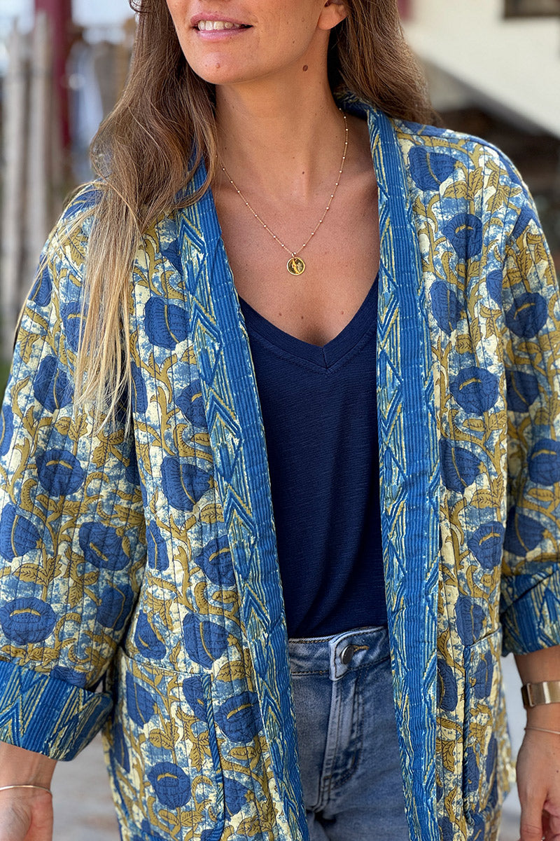 Blue Floral Quilted Kimono Jacket 