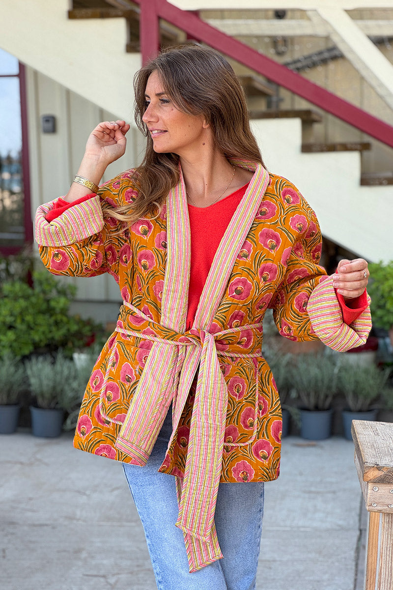 Mustard Floral Quilted Kimono Jacket 