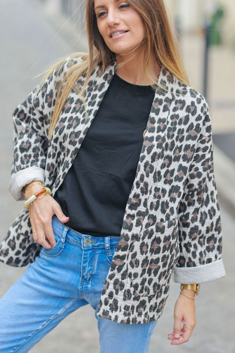 Leopard print quilted cotton gauze jacket