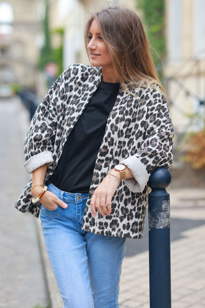 Leopard print quilted cotton gauze jacket