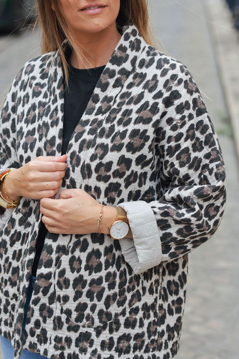 Leopard print quilted cotton gauze jacket