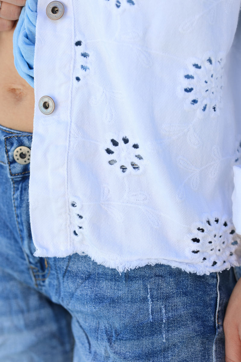 White cropped denim jacket with broderie anglaise flowers