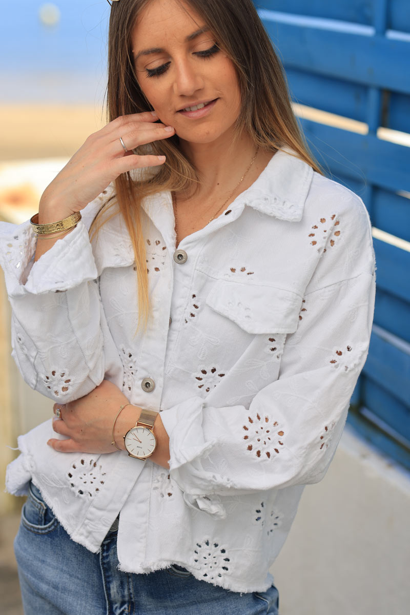 White cropped denim jacket with broderie anglaise flowers