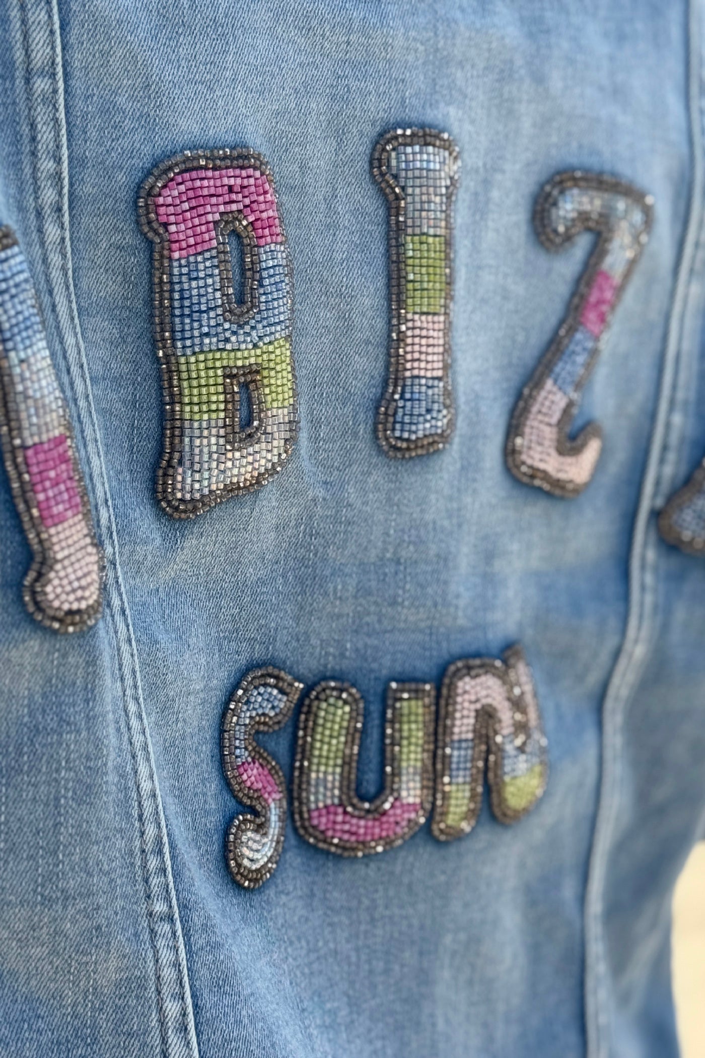 Chambray Ibiza Sun Bead and Embroidered Denim Jacket
