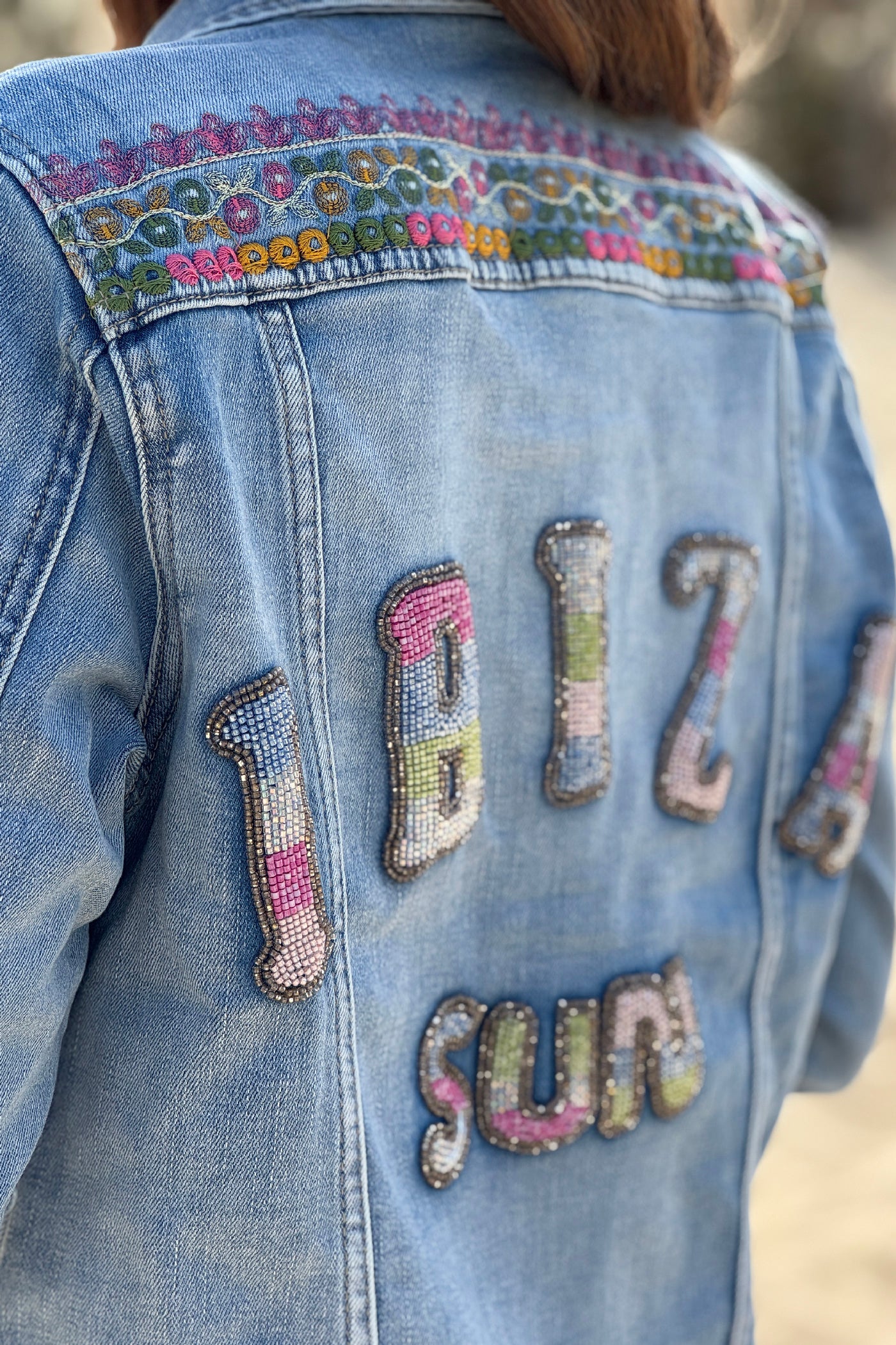 Chambray Ibiza Sun Bead and Embroidered Denim Jacket
