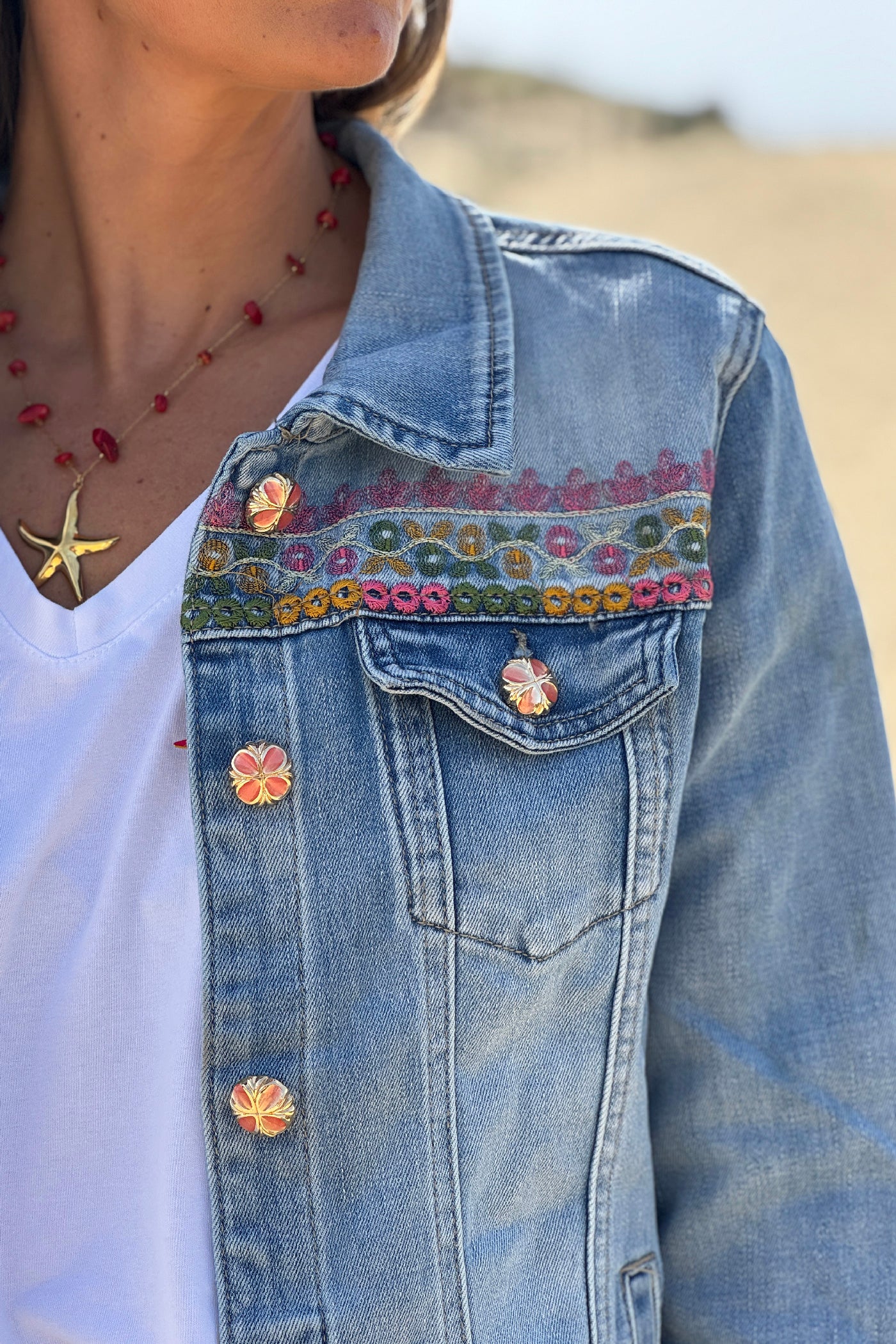 Chambray Ibiza Sun Bead and Embroidered Denim Jacket
