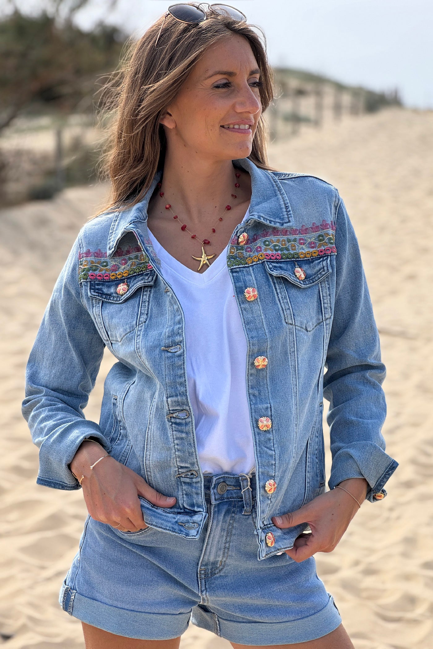 Chambray Ibiza Sun Bead and Embroidered Denim Jacket
