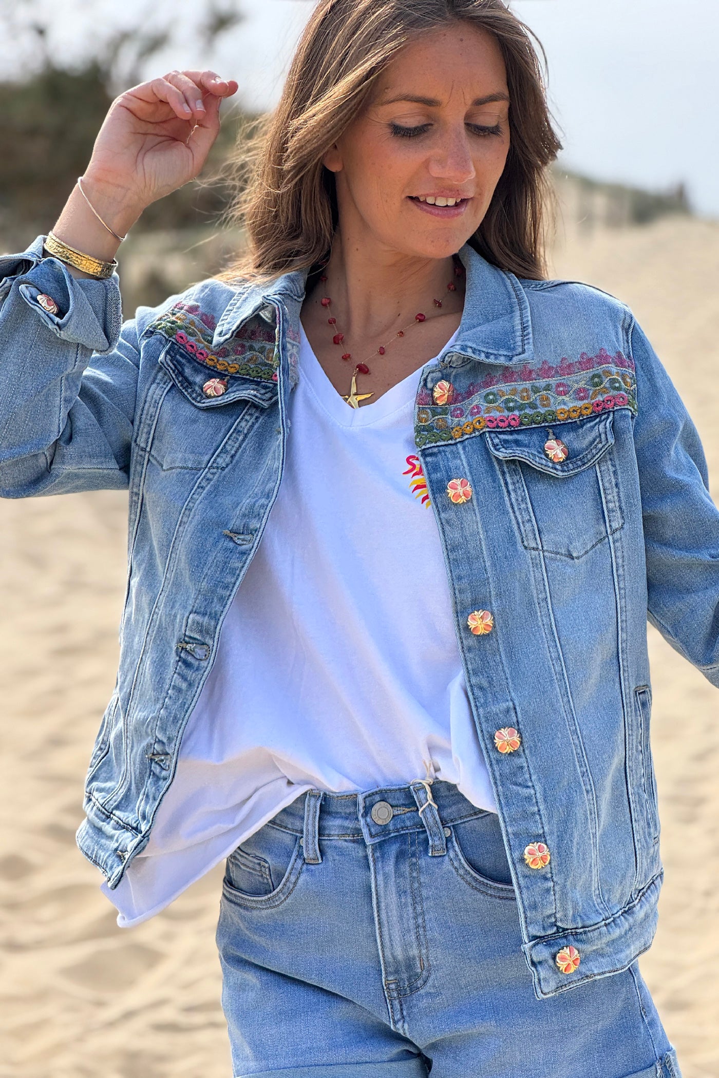 Chambray Ibiza Sun Bead and Embroidered Denim Jacket
